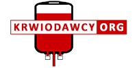 Biało-czerwone logo portalu w postaci pojemnika na krew oraz napisu krwiodawcy.org